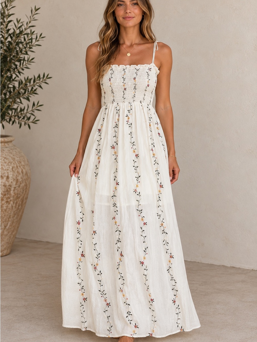 Smocked Bodice Floral Maxi Dress in Cream